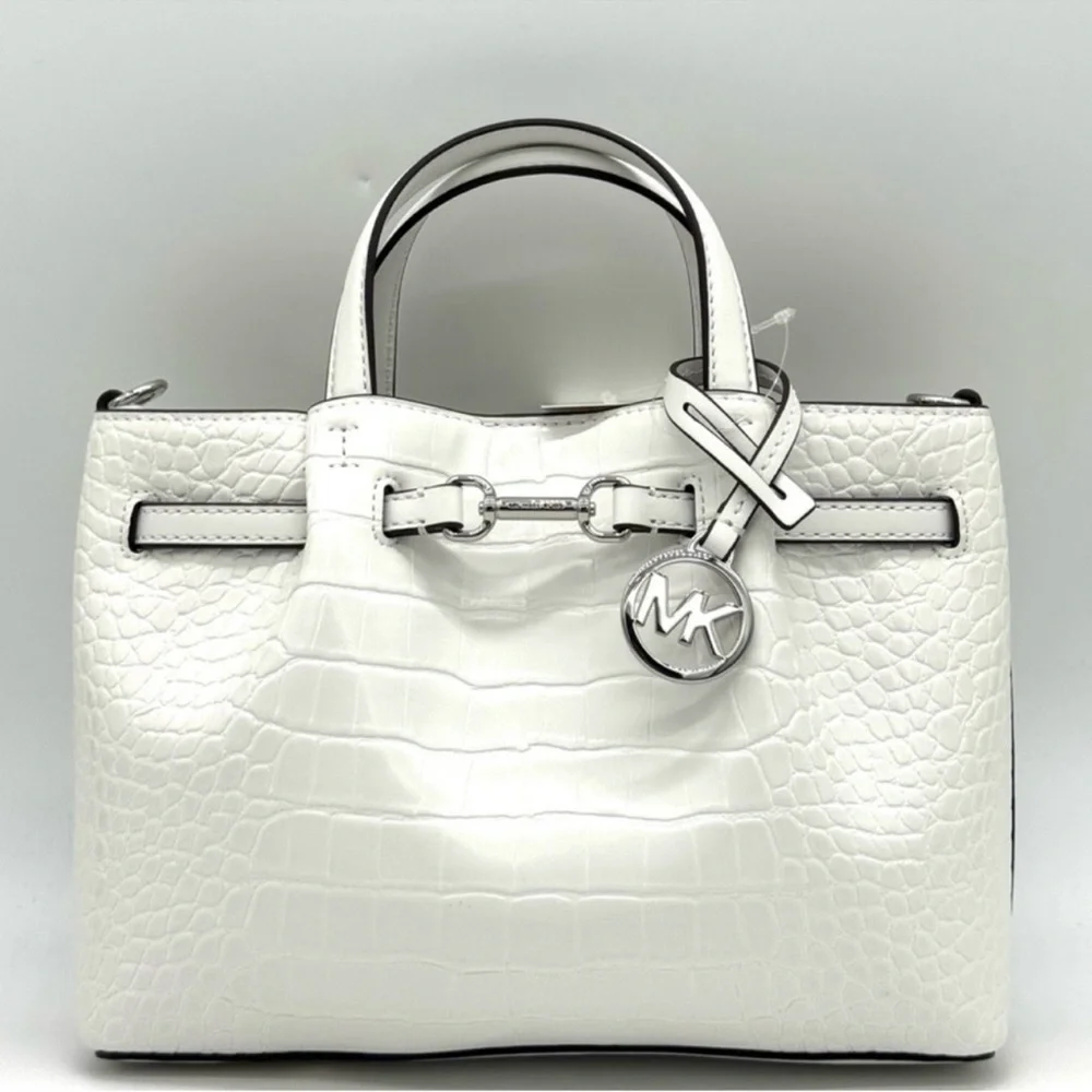 Michael Kors Carson Small Crocodile Embossed Satchel Bag Optic White